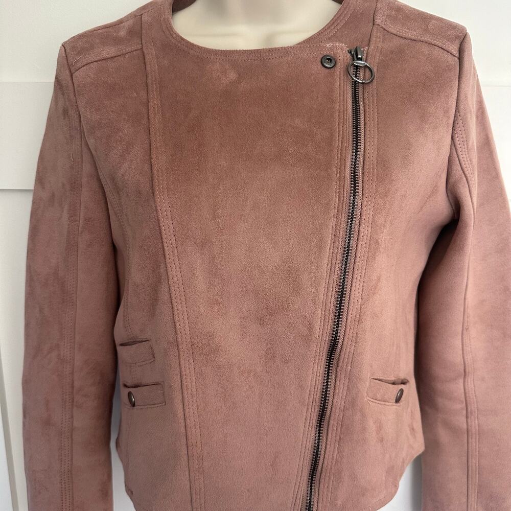Haute Monde Suede Moto Jacket Faux Vegan Zip Pockets Blush Mauve Women's Small - Picture 2 of 12